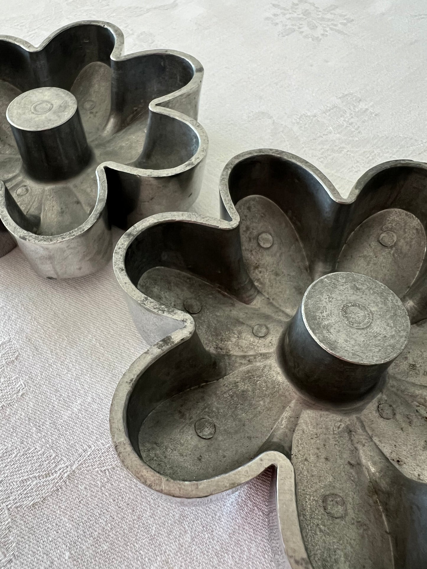Silver cast metal chunky flower candle stick holders