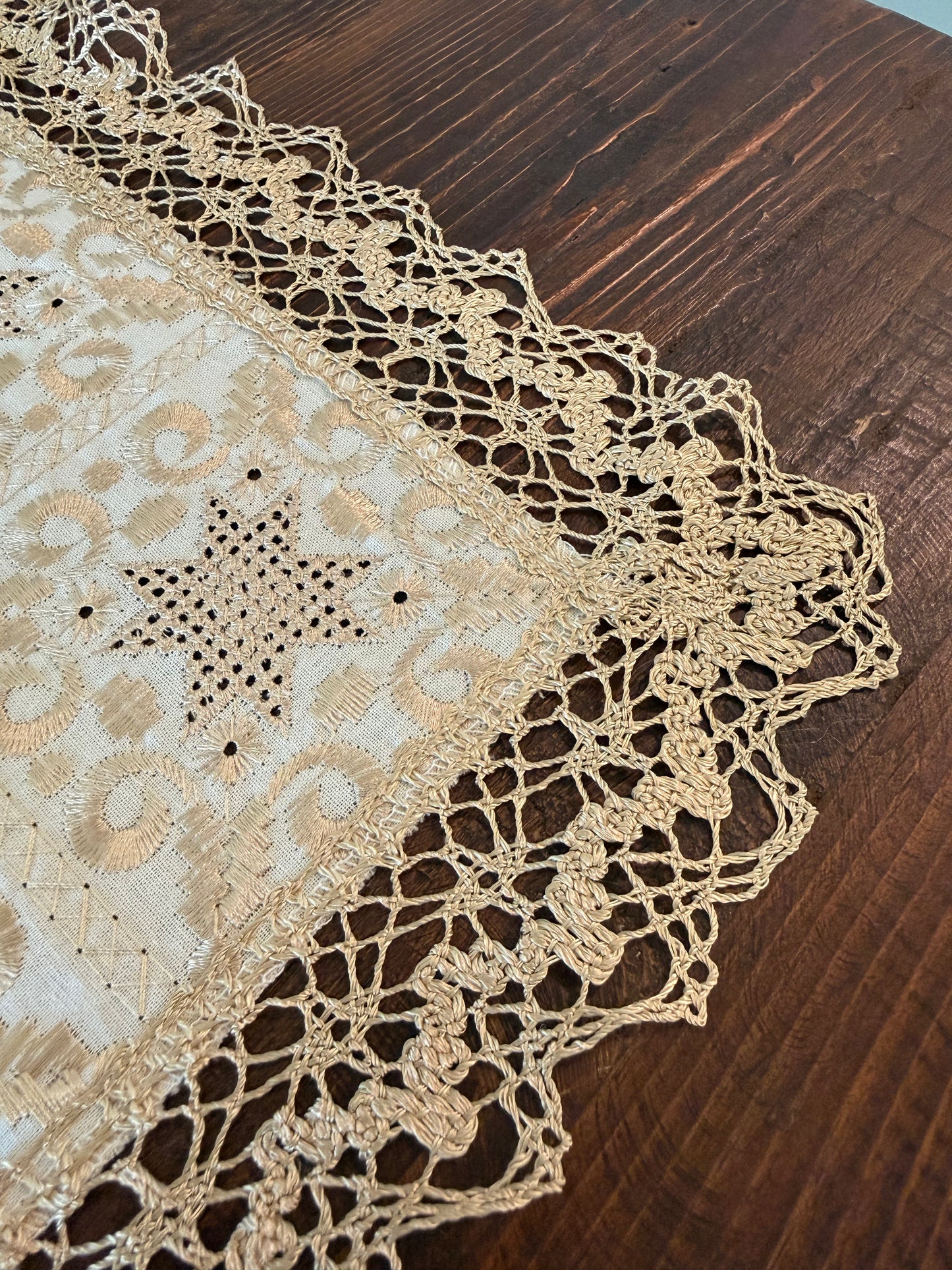 Lace edged embroidered table runner