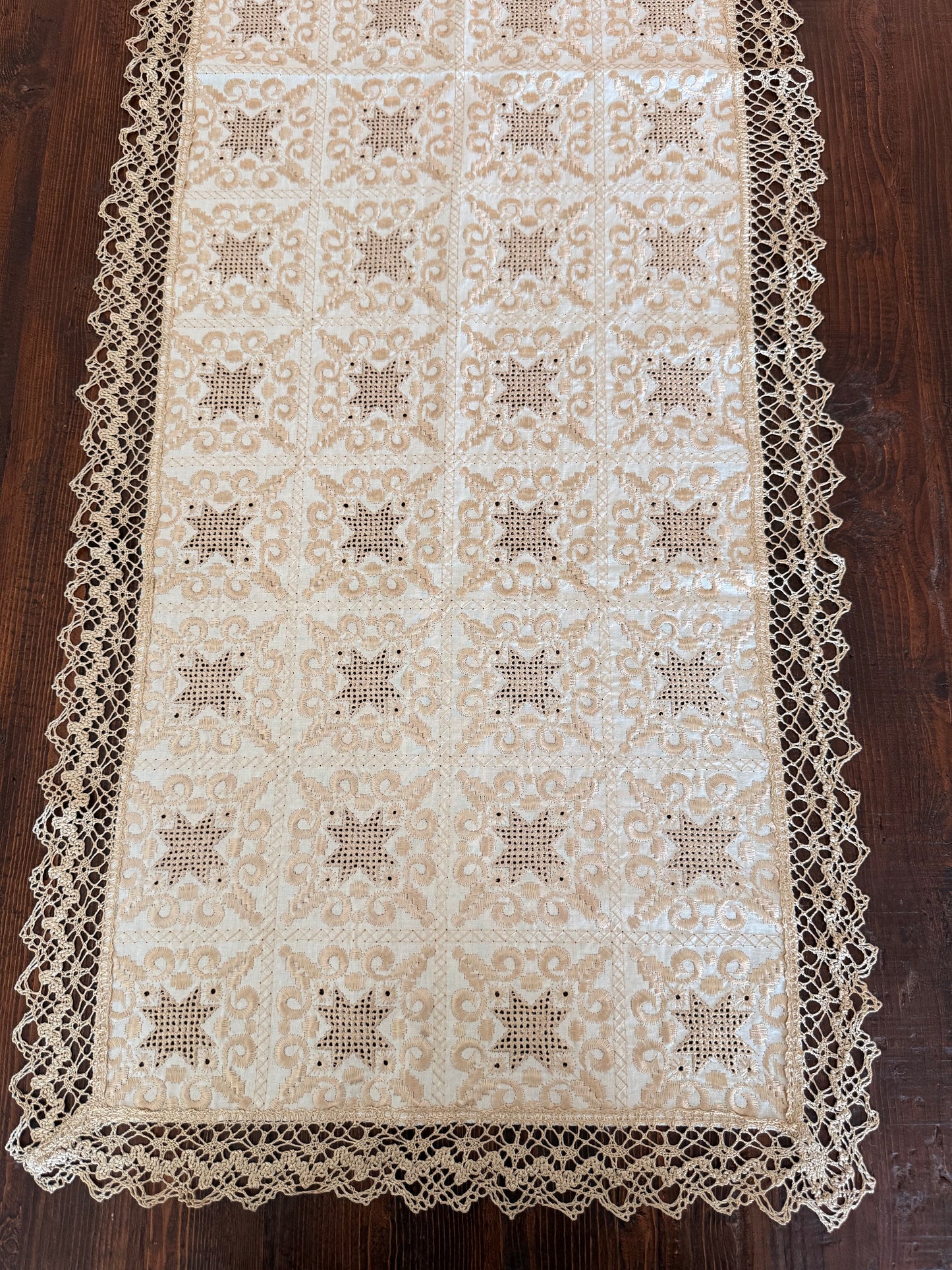 Lace edged embroidered table runner